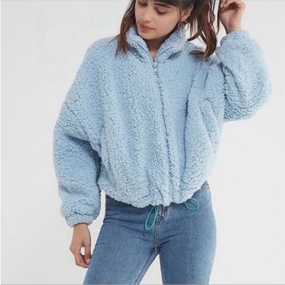 Urban Outfitters Willow Fuzzy Drawstring blue Oversized Teddy Jacket Small - Picture 1 of 9